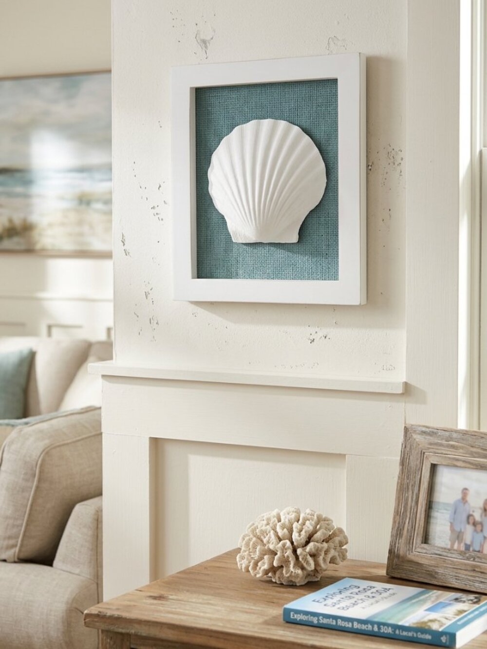 3D White Scallop Shell Shadowbox Wall Art Blue Burlap & Wood Frame Coastal Decor
